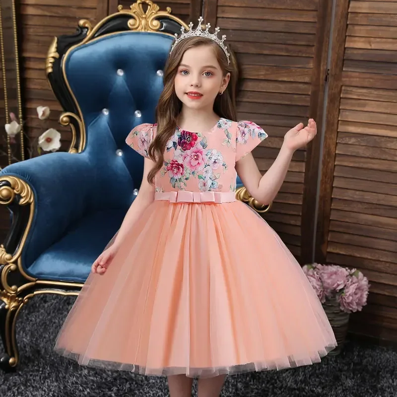 

Fashion Print Flower Girl Dresses for Weddings Mesh Lace Short Sleeve Children Prom Dresses Summer Girls Party Dress 2-10 Years