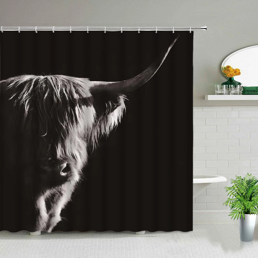 

Cows Black Shower Curtains Western Wildlife Animal Bull Portrait Bathroom Decor Bathtub Screens Waterproof With Hooks