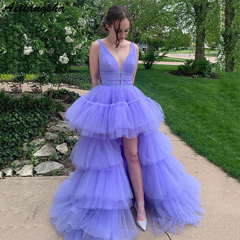 

Lavender Sexy Hi-Low Tiered Tulle Prom Dress for Women 2022 V Neck A Line Backless Prom Party Ball Gowns robes de soirée