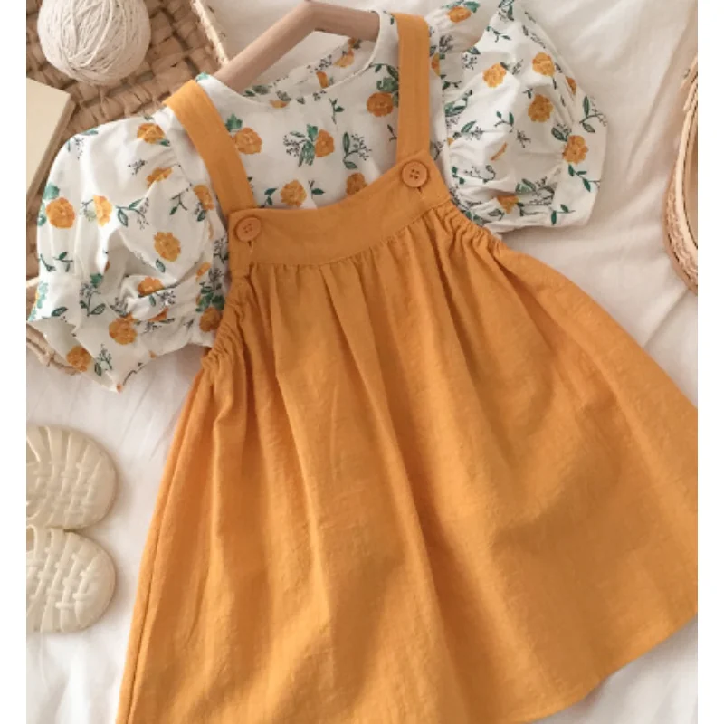 

Children's Clothes for Girls Two-piece Strap Skirt Floral Bubble Sleeve Dress Clothes Sets Summer Korean Vest Frocks In Yellow