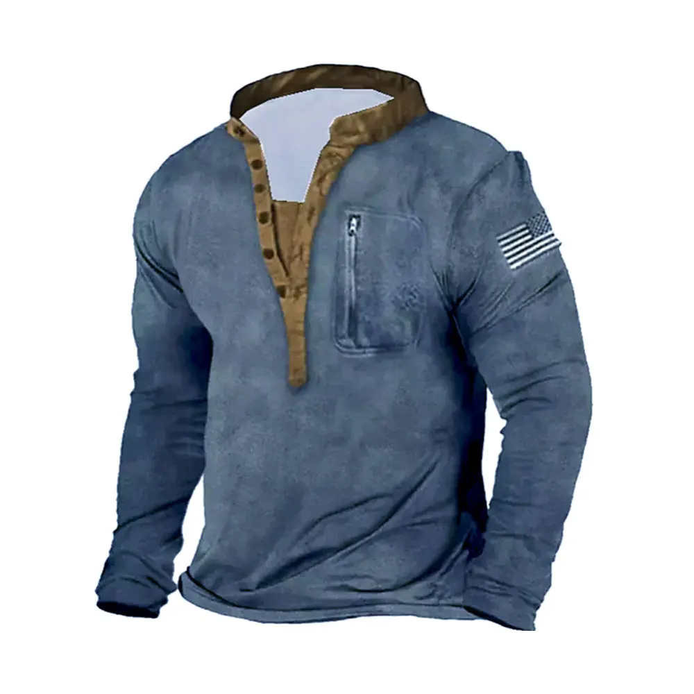 Мужские Винтажные рубашки на молнии с длинным рукавом и принтом американского