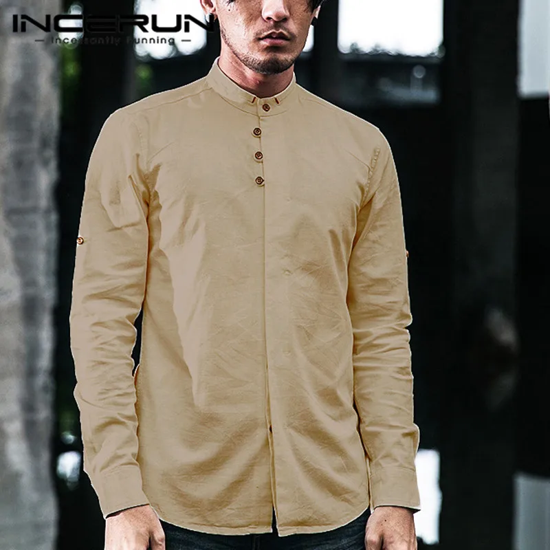 INCERUN New Literary Men Casual Cotton Shirts Retro Stand Collar Fashion 2023 Chinese Style Male Solid Color Loose Shirts S-5XL