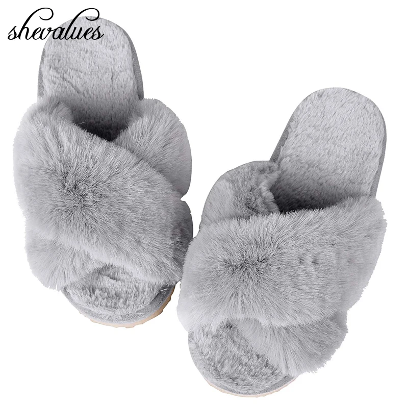 Shevalues 2023 New Home Women Furry Slippers Summer Cross Fluffy Fur Home Slides Thick Sole Indoor Floor Shoes Ladies Flip Flops