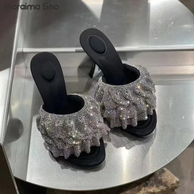 Ladies Full Diamond Rhineau Fashion Slippers 2023 New Stiletto Sexy Sandals Summer Outside Wear One Line Band Open-Toe Slippers