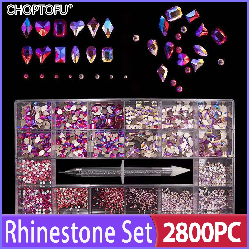 

2800PC/Box Sparkling AB Nail Rhinestones Mixed Size Crystal Nail Art 21 Grid FlatBack Rhinestones Set With 1 Pen For Decoration