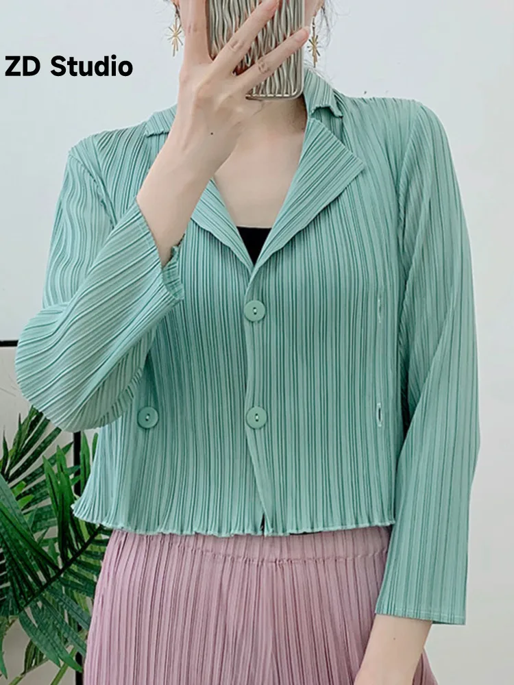 

[ZD Studio] Women Pleated Short Coat Solid Color Lapel Long Sleeves Double Breasted Clothing 2023 Autumn New