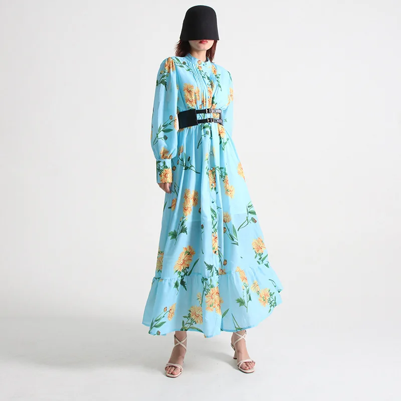 Fall Blue Color Floral Print Women Chiffon Long Dress Puff Sleeves Slim Fit Casual Lady Belt Sashes Dresses Size XL L  M