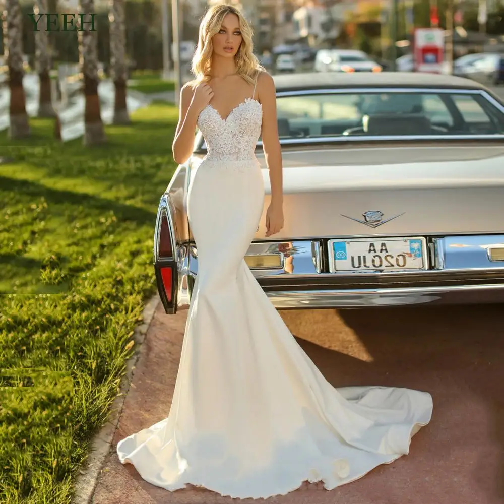

YEEH Mermaid Lace V-Neck Wedding Dress For Bride 2022 Elegant Charmeuse Spaghetti Straps Robe De Mariée Trumpet Low Back Vestido