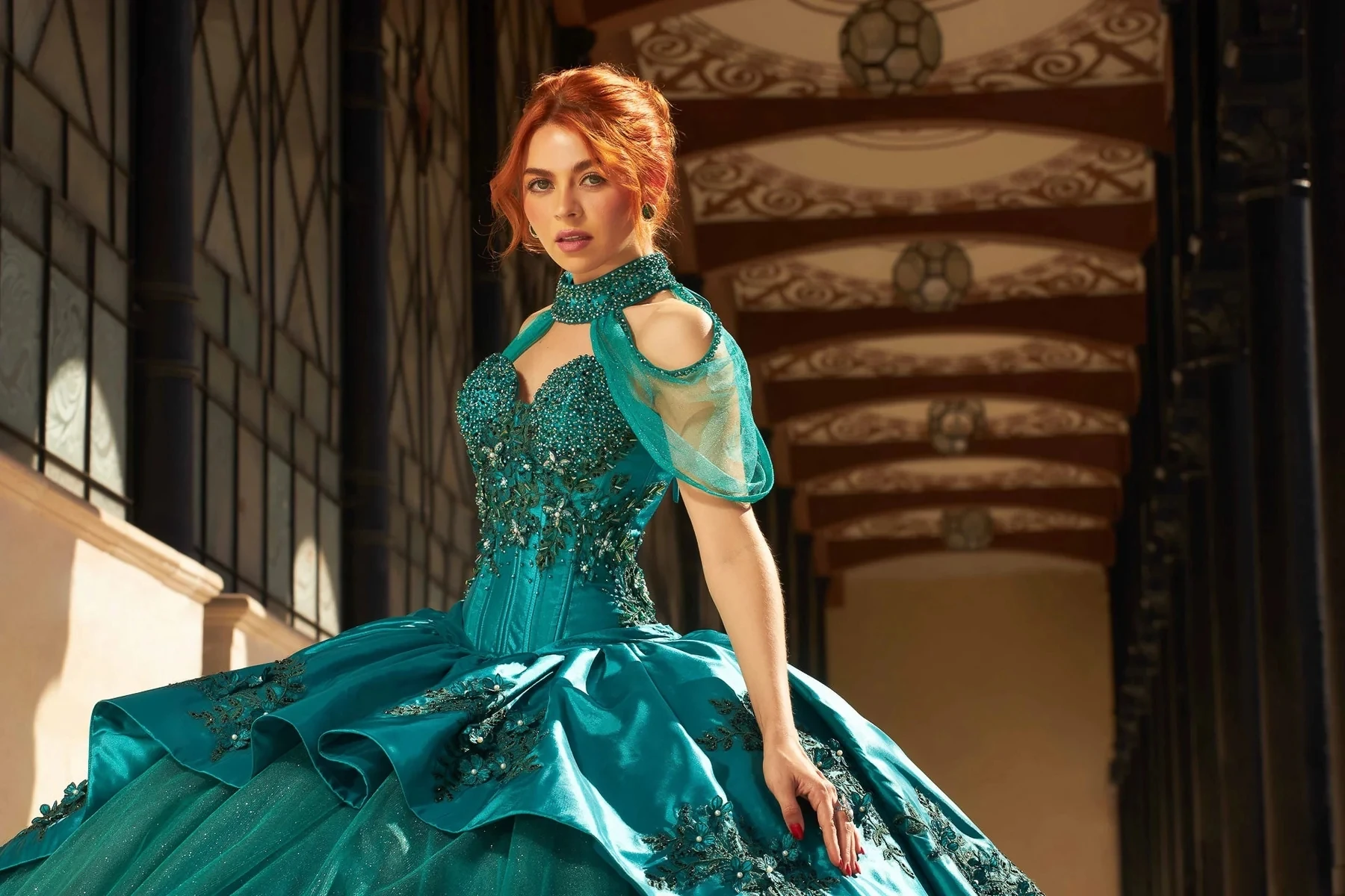 Бирюзово-синее платье Charro Quinceanera бальное милое тюлевое с аппликацией из бисера