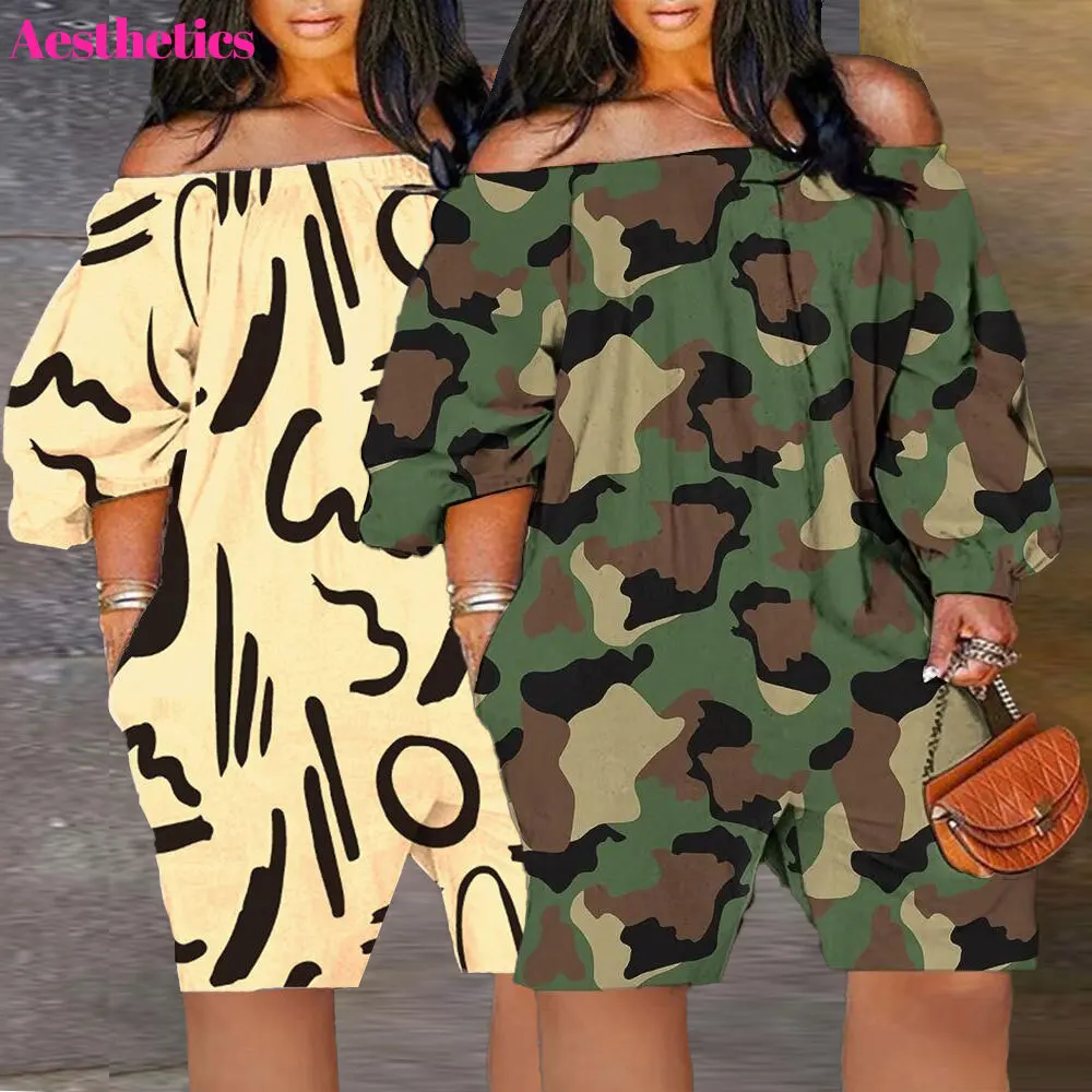 Summer Camouflage Print Playsuit Sexy Off Shoulder Bodysuit Casual Women Loose Short Long Sleeve Jumpsuit Ropa Mujer Streetwear