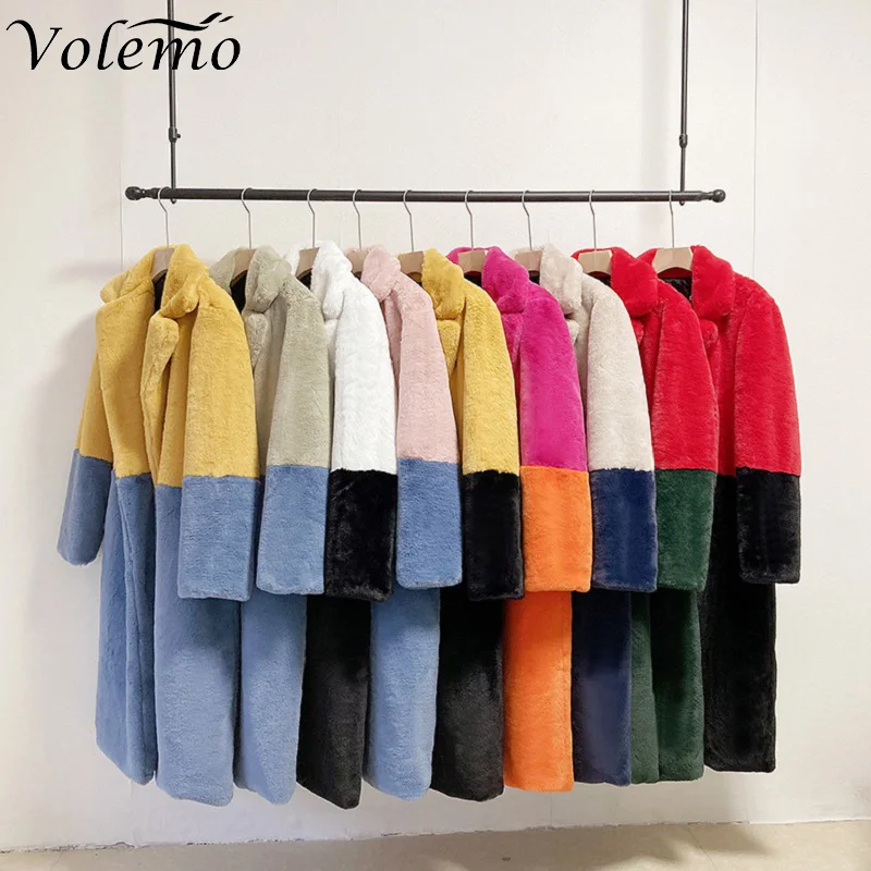 Volemo 2023 Winter Women High Quality Faux Rabbit Luxury Long Fur Coat Lapel OverCoat Thick Warm Female Plush Jacket Plus Size