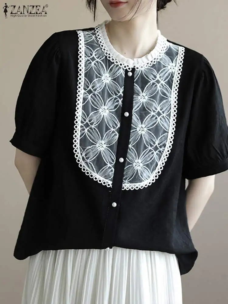 

Женский кафтан, кружевные рубашки в стиле пэчворк ZANZEA, летняя рубашка с коротким рукавом, блузка, повседневные свободные однотонные топы, же...