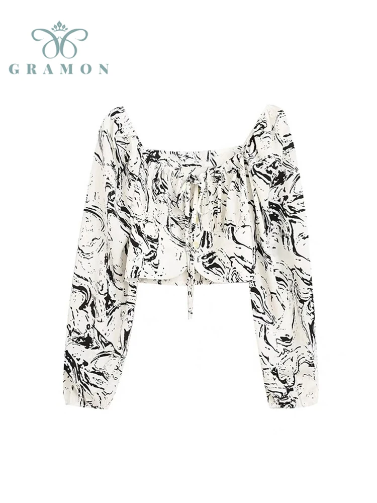 

Женская винтажная блузка с цветочным принтом, элегантная маленькая приталенная блузка с квадратным вырезом и рукавами-фонариками, корейск...