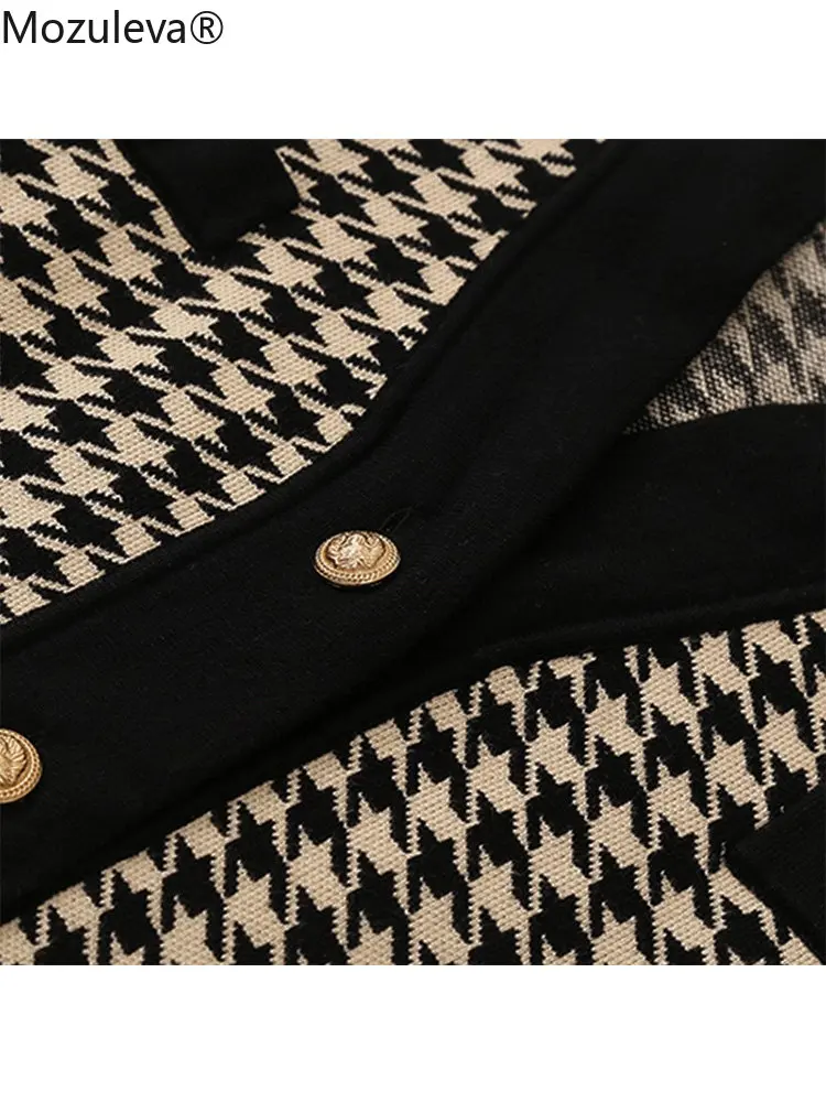 Осень-зима 2021 свитер с узором гусиная лапка свободный средней длины кардиган