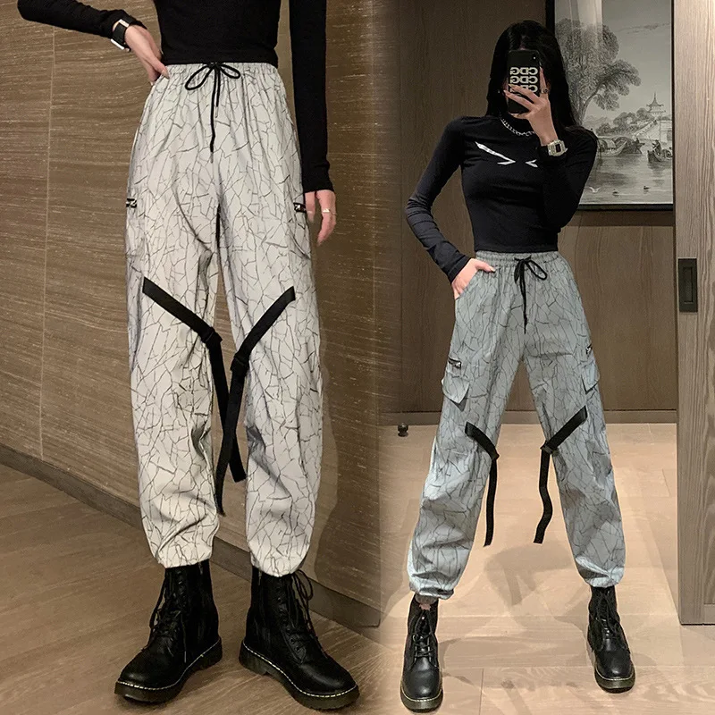 

2022 Spring and Summer Thin Section Fried Street Hiphop Beam Overalls Female Super Cool Jazz Handsome Dancing Reflective Pants