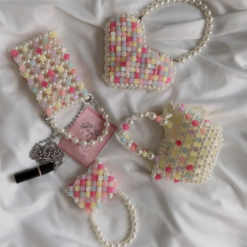 

2023 Spring Summer New Handwoven Candy Square Pearl Bag Cute Mini Love New In Handbag Pink Pearl Mobile Phone Women's Bags