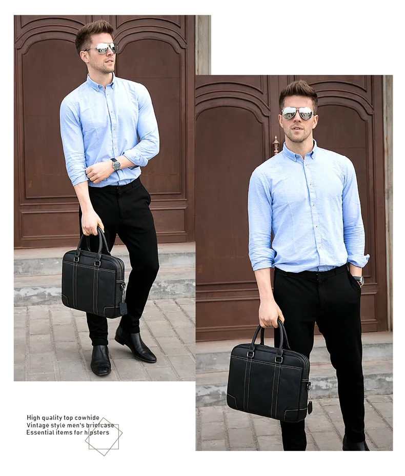Men's Bag Leather 14 Inch Laptop Bag Briefcase Messenger Bag Leather Business A4 File Bag Large Capacity Business Travel Handbag