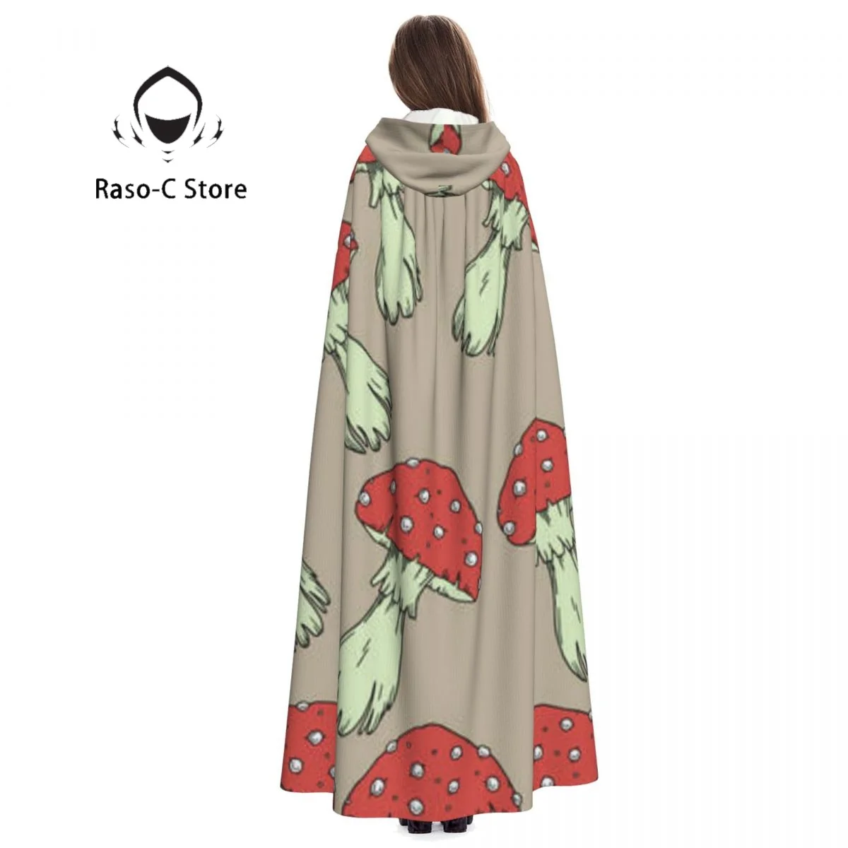 Длинная накидка плащ с капюшоном и агарическим рисунком грибов пальто осенние