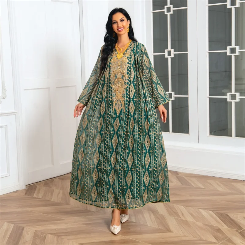 Jalabiya Ramadan 2023 Kuwaiti Kaftan Dubai Luxury Sequins Ethnic Embroidery Long Dresses Vintage Women Abaya Happy Eid Mubarak