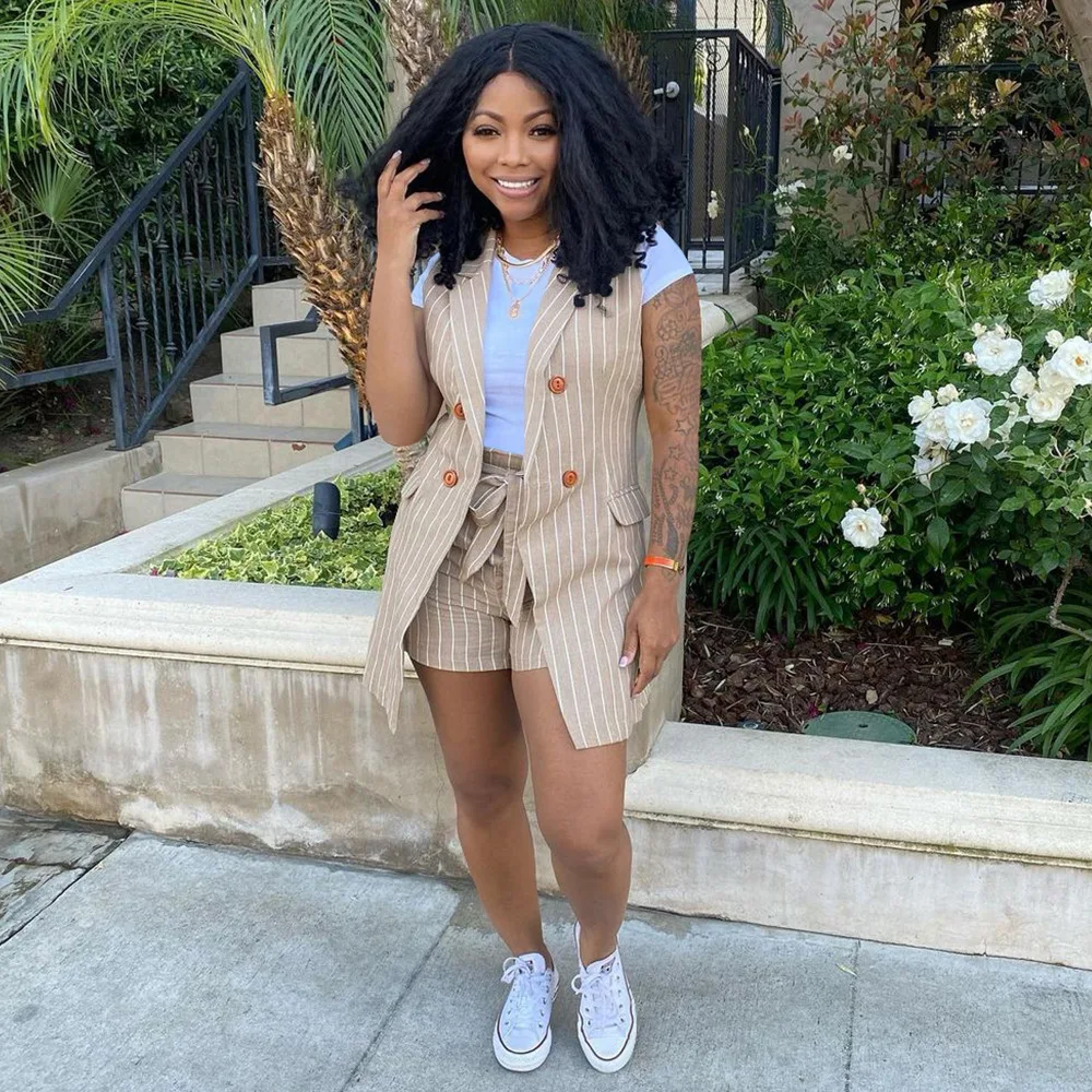 Sexy Sleepwear OL Office Two-piece Striped Print Small Suit Vest Jacket with Bel Pijamas Women