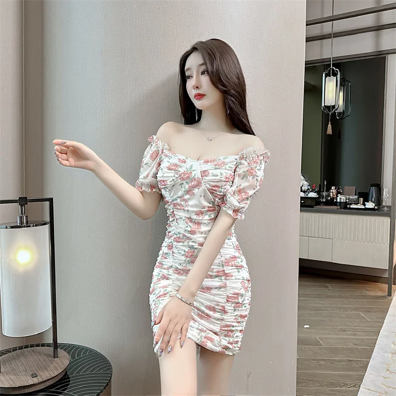 

Dress Women Sexy Elastic New Fashion Sexy Mesh Print Off Shoulder Elastic Wrap Hip Short Sleeve Dress Women