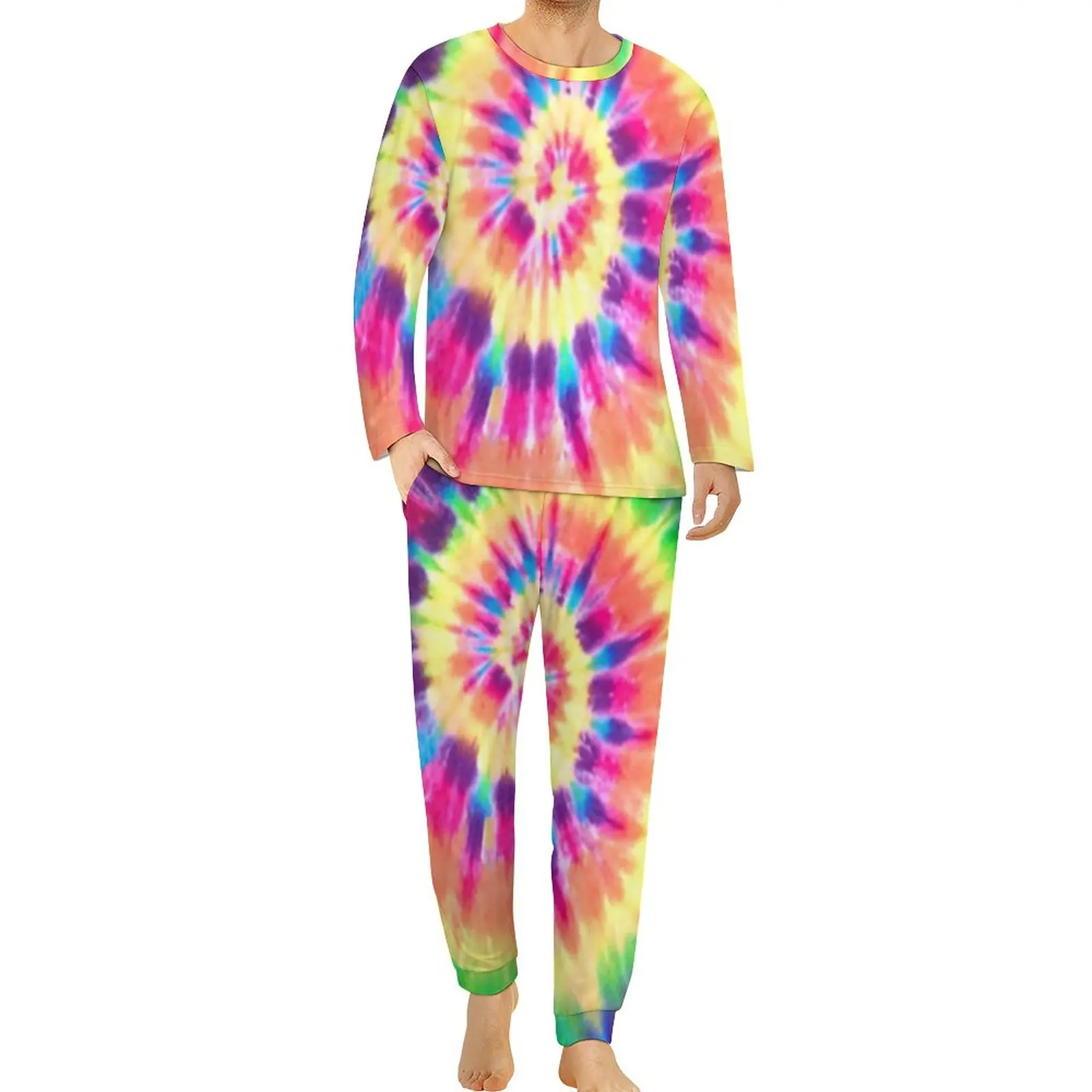 Rainbow Tie Dye Pajamas Autumn 2 Pieces Colorful Print Kawaii Pajama Sets Men Long Sleeves Home Graphic Home Suit Big Size