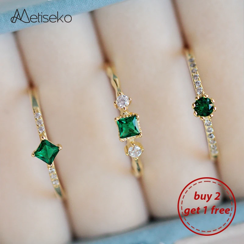 Metiseko Buy 2 Get 1 Free Emerald Green Zircon Ring 925 Sterling Silver 14K Gold Plated Ring Adjustable Size Luxury for Women