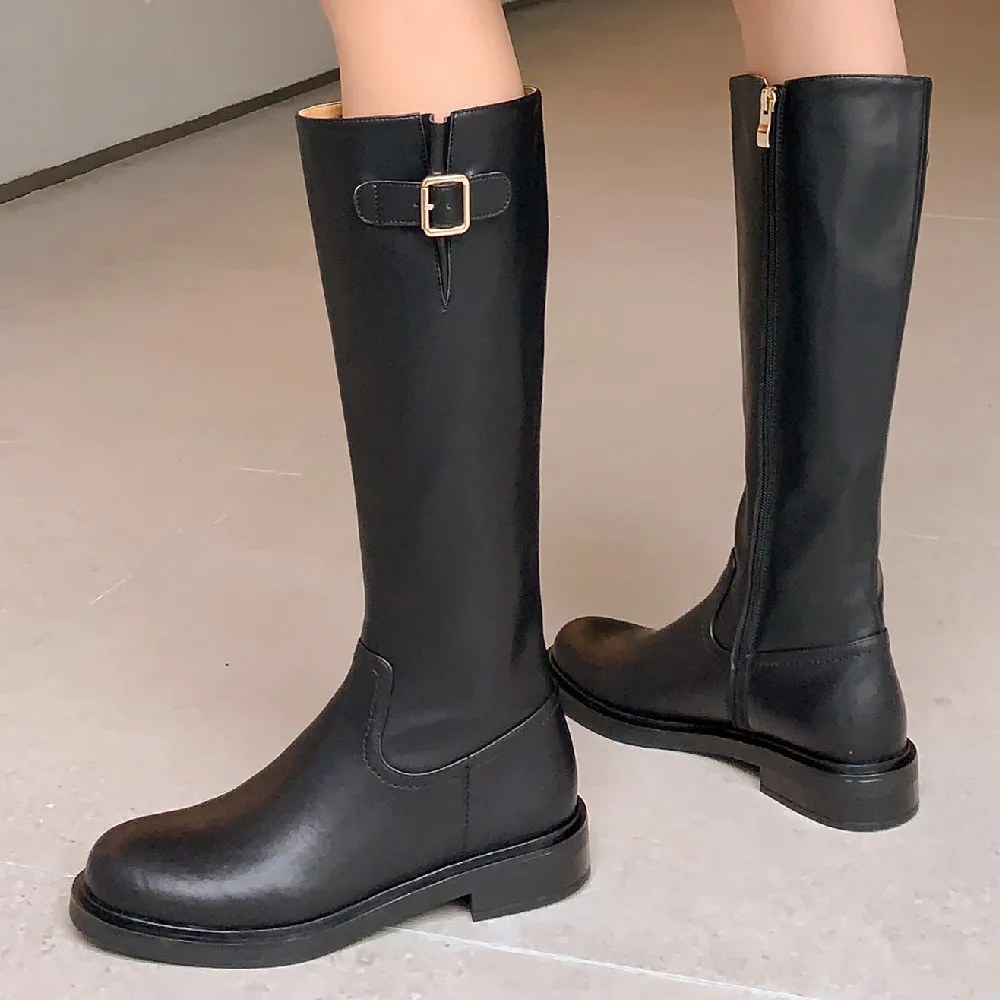 

Women's genuine leather side zip flats autumn knee high boots round toe soft comfortable casual female punk long winter boots