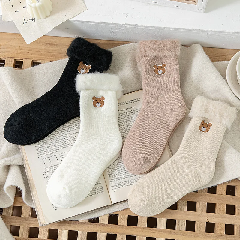 

Winter Woolen Socks Lady Wmbroidered Bear Wxtra Thick Snow Socks Medium Tube Cotton Socks Ins Tide Solid Color Flanged Thermal S