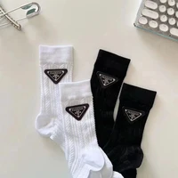 triangle leather label socks spring and summer letter decoration sports thin fashion pure cotton medium tube socks