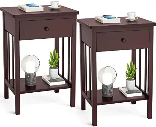 

Set of 2, Bamboo Solid Wood Bedside Table Night Stand with Drawer and Storage Shelf, Accent End Table Side Table for Bedroom, Li
