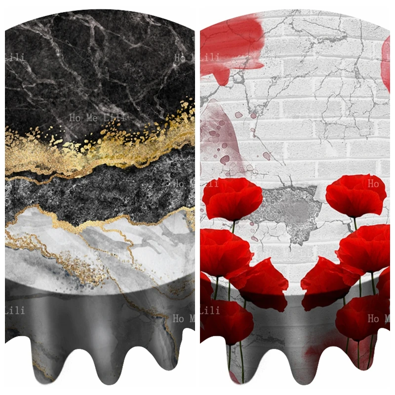 

Black White And Gold Marble Pattern Red Poppies Bricks Abstract Art Modern Flower Gray Decoration Round Tablecloth By Ho Me Lili
