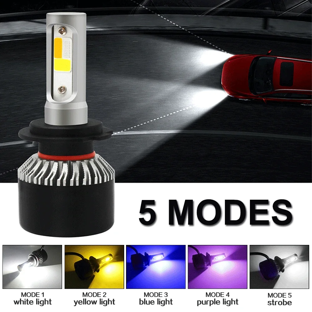 

2PCS LED Car Headlight H4 H7 Dimmable 4Colors+Flash Strobe Auto Bulb 6000K 8000K 4300K White Blue Amber Lamp Fog Light Bulbs