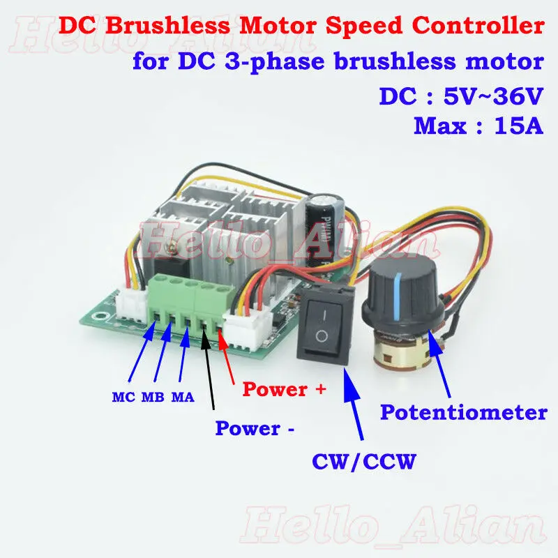 

15A DC 5V-36V 12V 24V Hho PWM BLDC Motor Controller Driver for 3-phase DC Brushless Motor CW CCW 0-100% Speed Reversible Switch