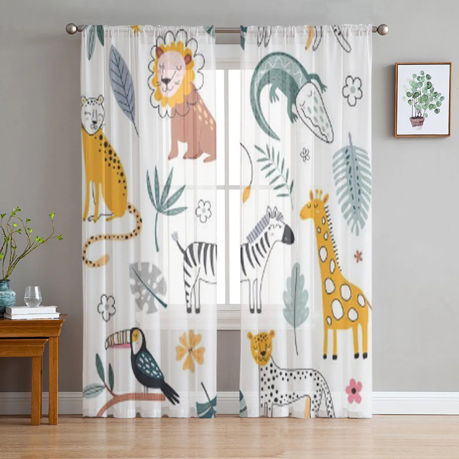 

Animals Leopard Zebra Lion Giraffe Tropical Plants Chiffon Sheer Curtains for Living Room Bedroom Window Voiles Tulle Curtain