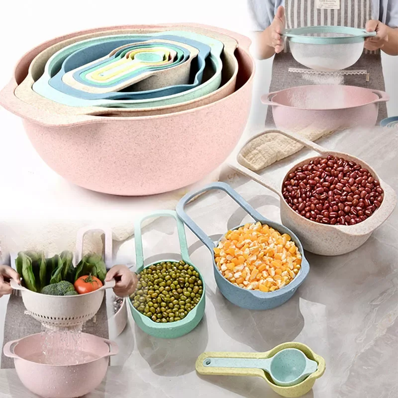 

10Pcs Wheat Stalk Rainbow Bowl Measuring Spoon Set Kitchen Accessories Fruit Baskets Tools Drain Basket Rice Sieve Salad Bowl