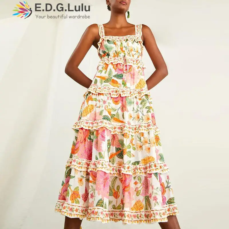 

Сексуальное летнее платье EDGLuLu с квадратным вырезом, женское пляжное платье для отдыха 2023, платье с милым принтом, элегантное свободное платье с открытой спиной для праздников 0618