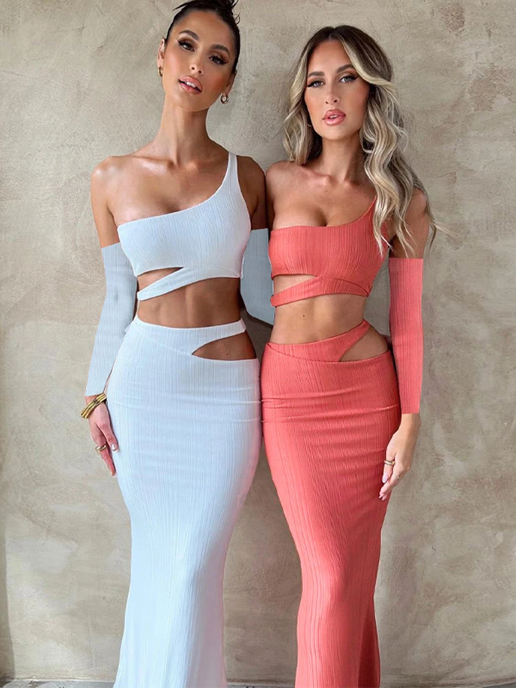 

Женская Сексуальная Клубная одежда Y2K, 2 предмета, укороченный Топ с длинным рукавом и открытой спиной, облегающая юбка макси с высокой талие...