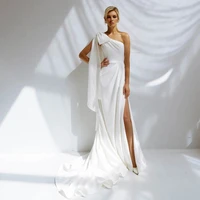 simple one shoulder slit wedding dress with bow elegant floor legnth pleated sleeveless open back zipper bridal gown 2022 new