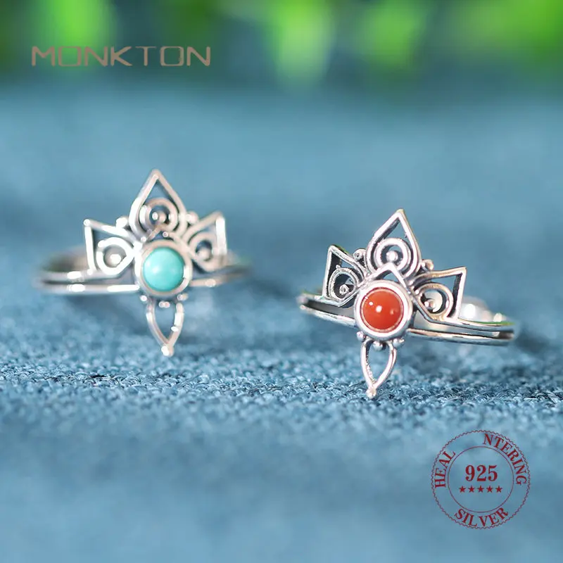 

Monkton Natual Gemstone Queen Crown Rings for Women Luxury 925 Sterling Sliver Turquoise Open Ring Elegant Female Jewelry Gift