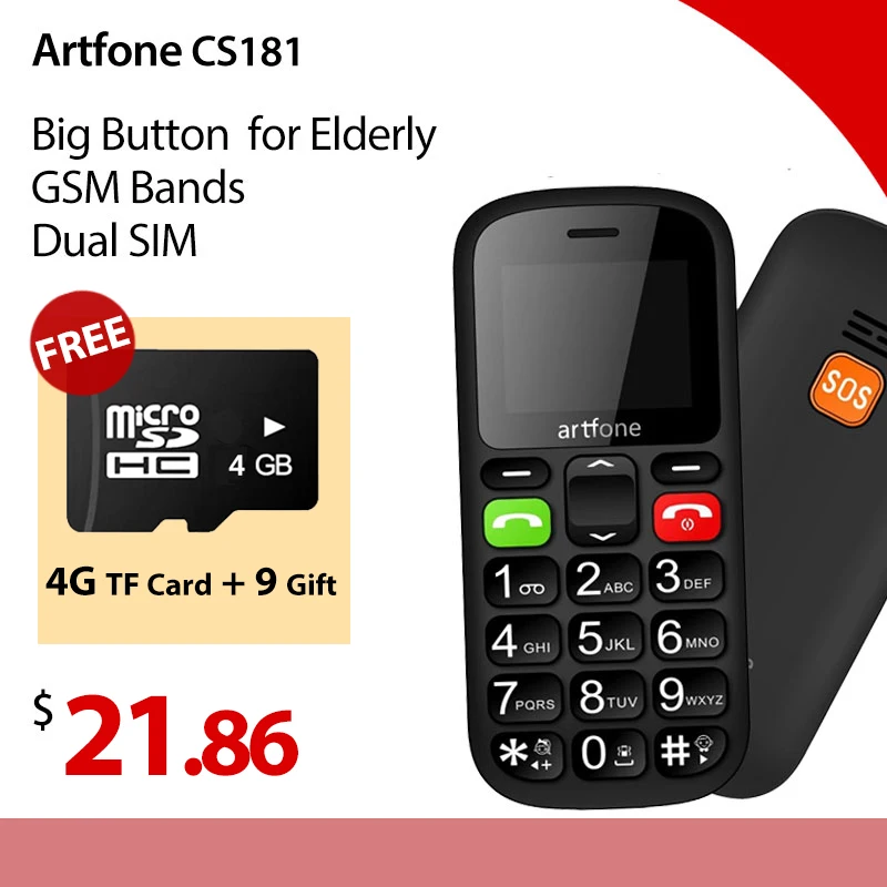 

Большая кнопка для пожилых людей, улучшенный GSM телефон Artfone CS181 с кнопкой SOS, номером разговора фонарь ком