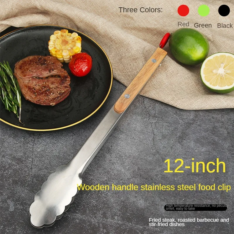 

Wooden Handle Clip High Quality Food Clip Stainless Steel Barbecue Clip Steak Bread Salad Buffet Food Clip Kitchen Tools
