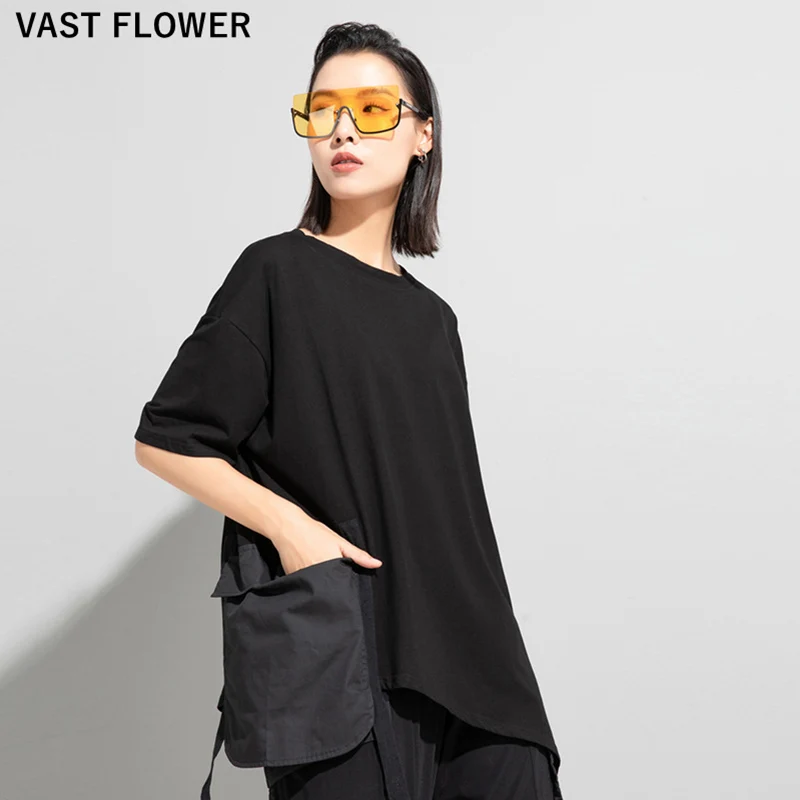 

Женская Асимметричная футболка с карманами, черная Свободная Повседневная футболка большого размера с коротким рукавом в стиле пэчворк, мо...