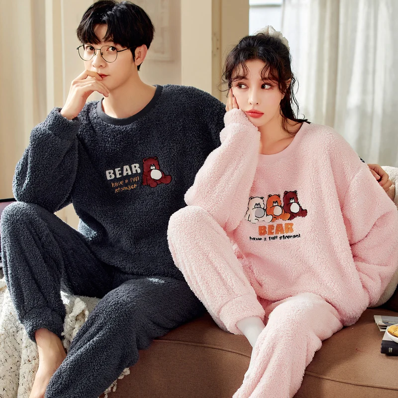 Winter Thicken Couples Pajamas Sets Sleepwear Aldult Cartoon Women Men Flannel Pyjamas Korean Suits Nightgown Drop Ship