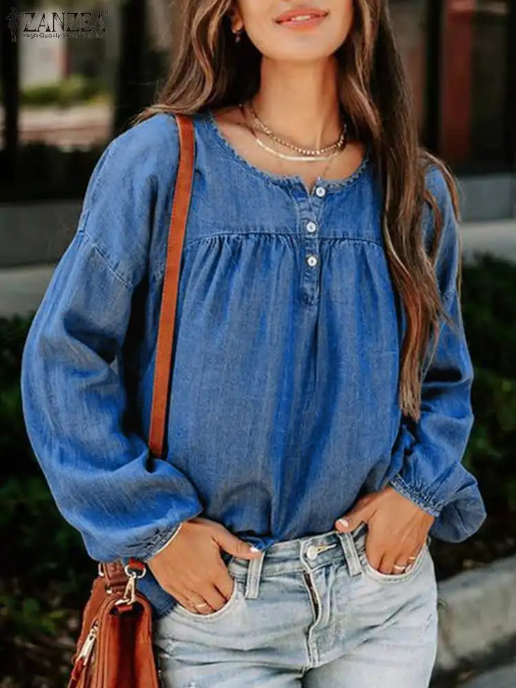 

ZANZEA Women O-neck Tops Drop-shoulder Pleated 2023 Summer Fashion Denim Blouses Puff Sleeve Holiday Buttons Casual Loose Shirts