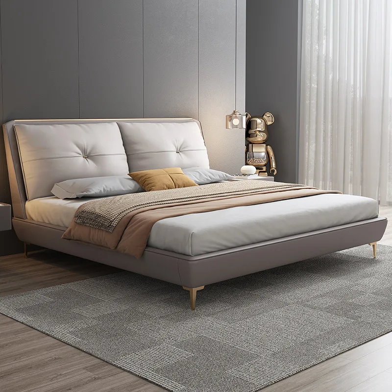 

Italian Light Luxury Genuine Leather Bed Modern Simple Master Bedroom Storage High Box Wedding Bed 1.8m Model Room Soft Bag Doub