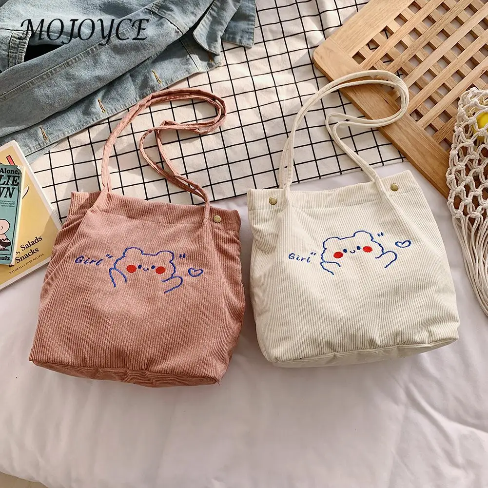 

Bear Pattern Women Shoulder Bag Women Large Capacity Corduroy Shopping Bag Female Tote Handbag for Daily Traveling