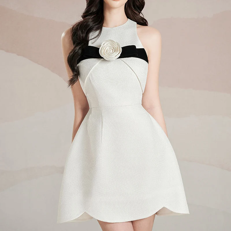 

New Summer Vintage Dress Women White Rose Sleeveless Elegant Bodycon Dresses High Waisted Luxury Design Party Vestido