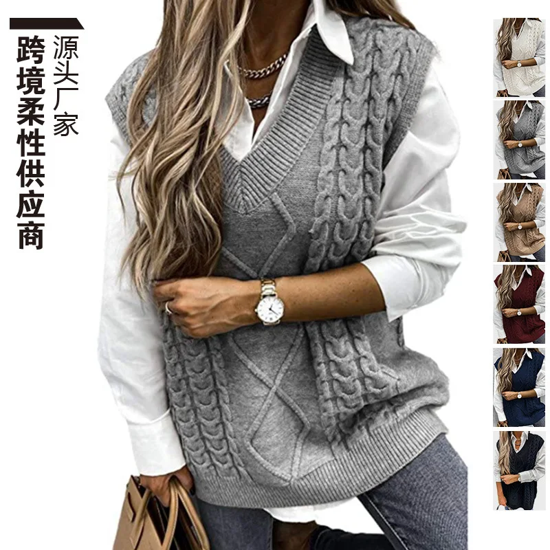 2022 Autumn New All-match Sweater Vest Warm Top Casual V-neck Sleeveless Twist Sweater
