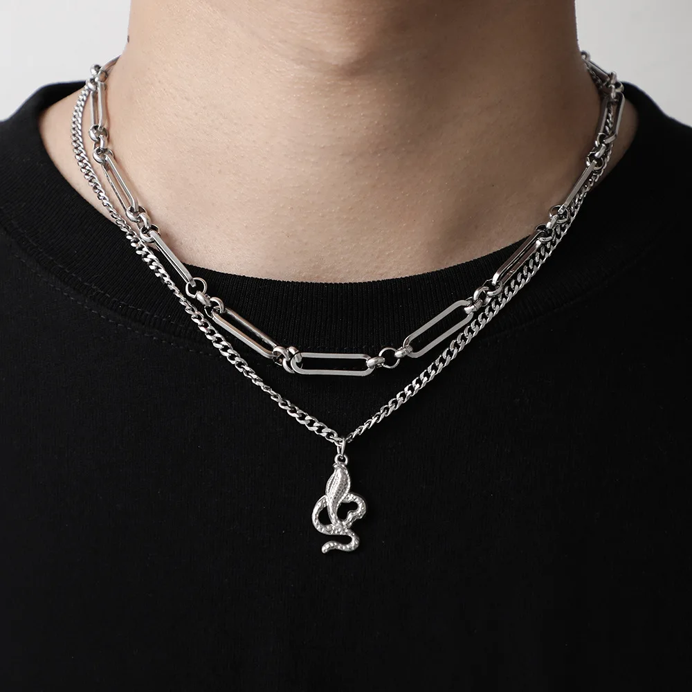 

Hip hop Collar Hombre Double Layered Chocker Chain Domineering Cobra Snake Pendant Stainless Steel Men's Necklace Wholesale